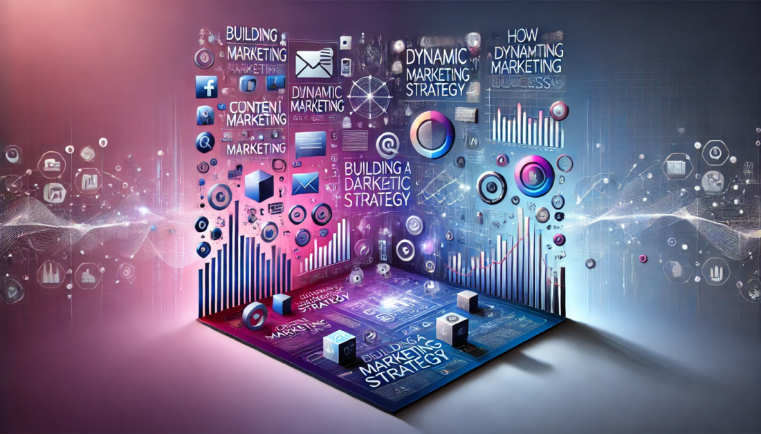 Dynamic marketing strategy visualization integrating social marketing, content marketing, and ad marketing to achieve business success.