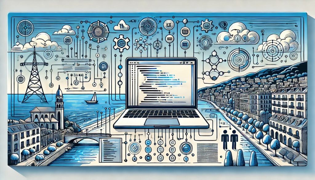 Веб программирование в Ницце Иллюстрация этапов веб программирования в Ницце отображающая ноутбук с кодом на фоне побережья Лазурного берега