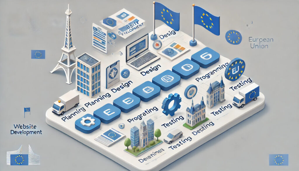Ключевые этапы разработки сайтов в ЕС Визуальное руководство | Webstart Современное прямоугольное изображение иллюстрирующее ключевые этапы разработки сайтов в ЕС включая планирование дизайн разработку тестирование и запуск