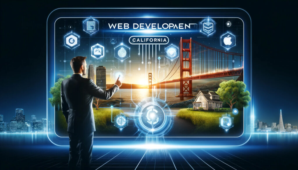 Преимущества разработки сайтов в Калифорнии для бизнеса | Webstart Изображение показывающее технологии и символы Калифорнии такие как мост Золотые ворота и элементы веб разработки