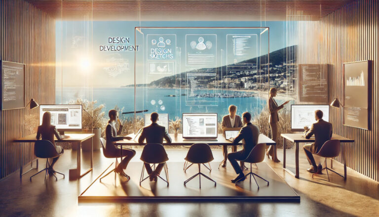 Современное изображение, иллюстрирующее процесс разработки и создания сайтов на Лазурном берегу во Франции.