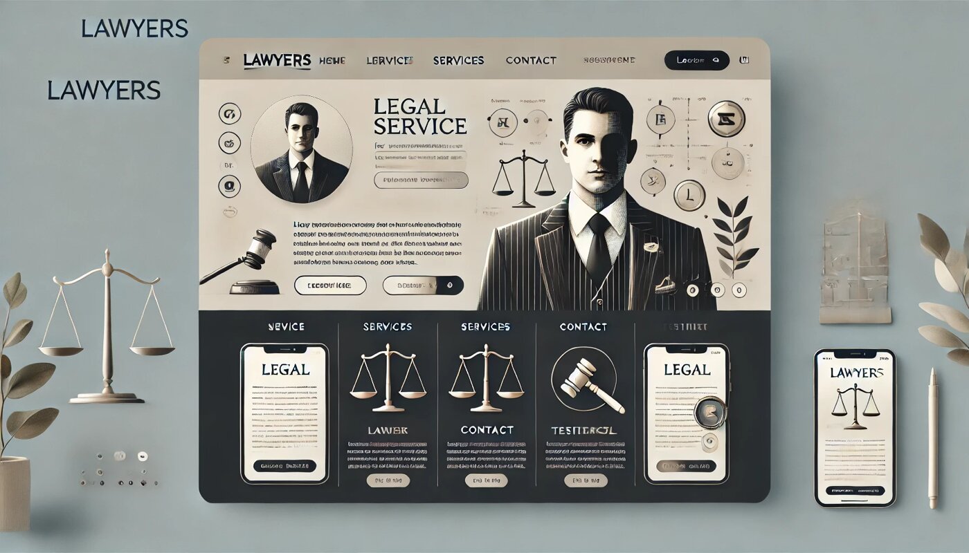 Professional and modern web design concept for lawyers, featuring sections for legal services, client testimonials, and responsive layouts for mobile and desktop.