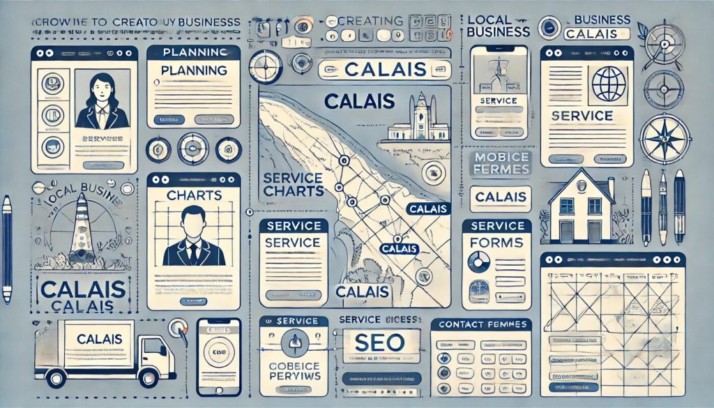 Représentation visuelle étape par étape de la création dun site web professionnel à Calais avec des maquettes un design moderne et une carte locale