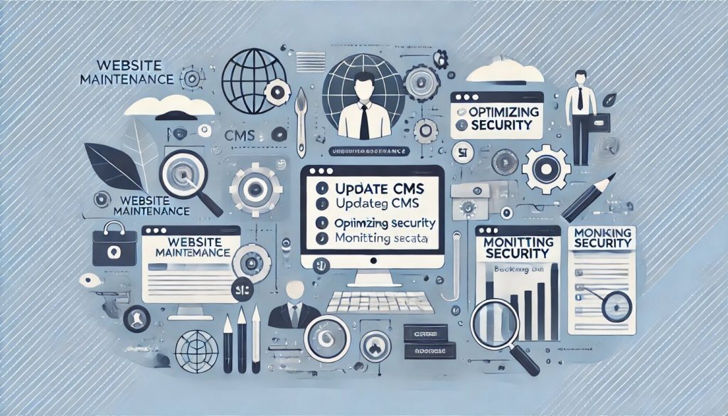 en charge de lentretien dun site web Illustration professionnelle des étapes clés pour lentretien dun site web incluant la mise à jour du CMS loptimisation des images et la sécurité
