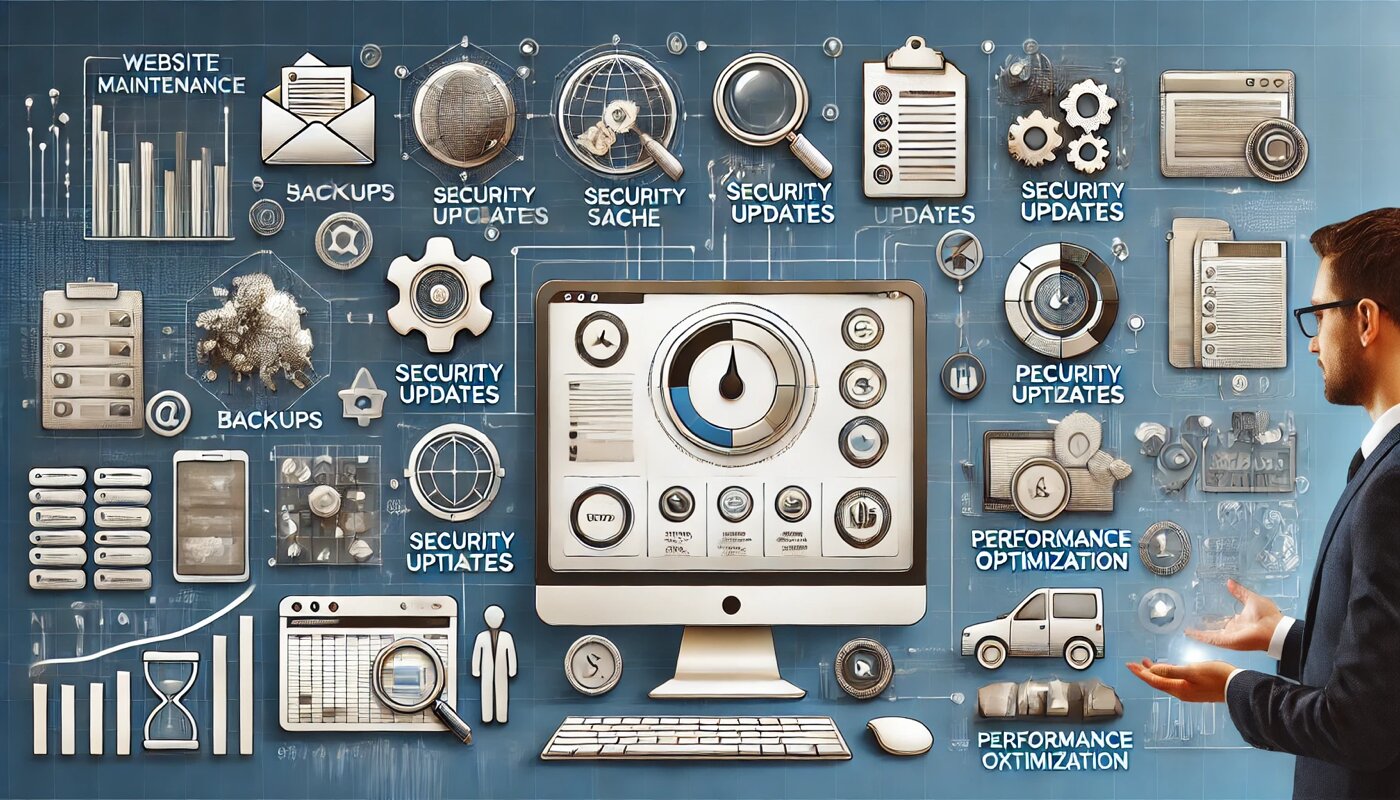 Illustration professionnelle pour la gestion complète de l’entretien d’un site web, avec tableaux de bord, mises à jour de sécurité et optimisation des performances
