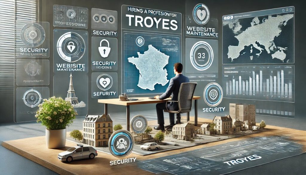 Illustration professionnelle montrant limportance dun expert pour lentretien dun site web à Troyes avec des tableaux de bord des cartes locales et des icônes de sécurité