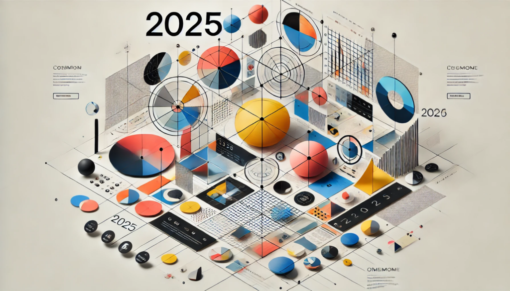 geometric shapes in web design 2025 Modern website design concept for 2025 featuring bold geometric shapes such as triangles circles and hexagons with overlapping elements and vibrant colors in a clean minimalistic layout