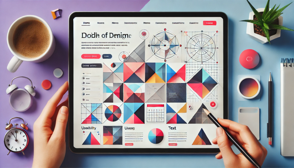 Modern website design highlighting the benefits of geometric shapes featuring triangles circles and squares that guide attention to key elements like call to action buttons enhancing usability and brand identity
