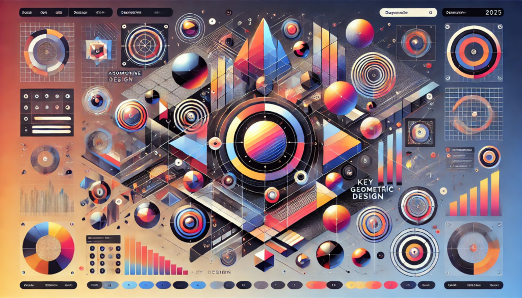 Futuristic web design concept illustrating key geometric design trends of 2025 featuring asymmetrical layouts overlapping shapes vibrant abstract patterns and modern 3D elements