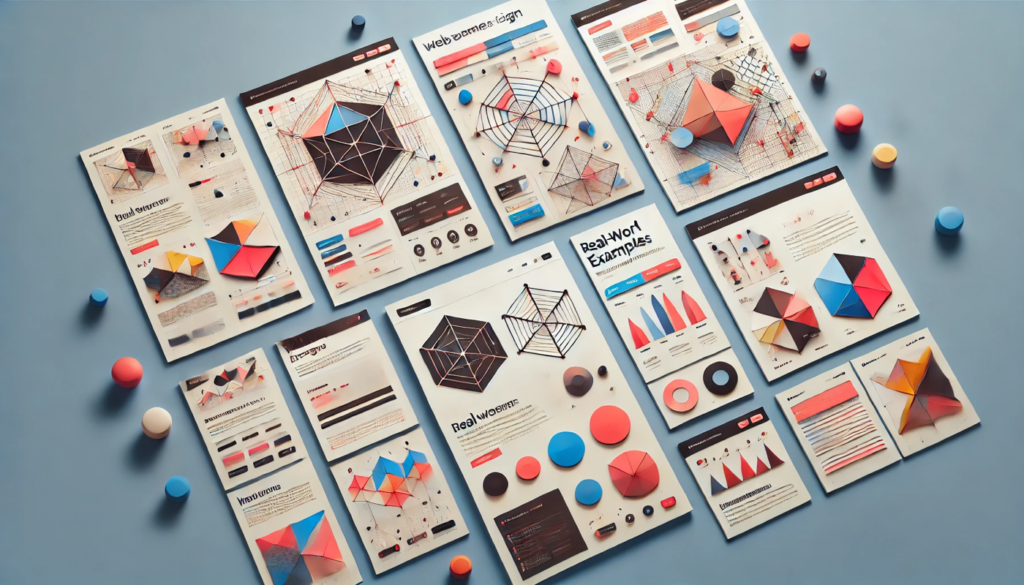 Showcase of real world examples of geometric web design featuring website mockups with triangles hexagons and circles used in navigation menus headers and call to action sections