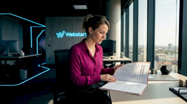 Une femme examine attentivement les dossiers de candidature d’agences web afin d’évaluer leurs propositions.