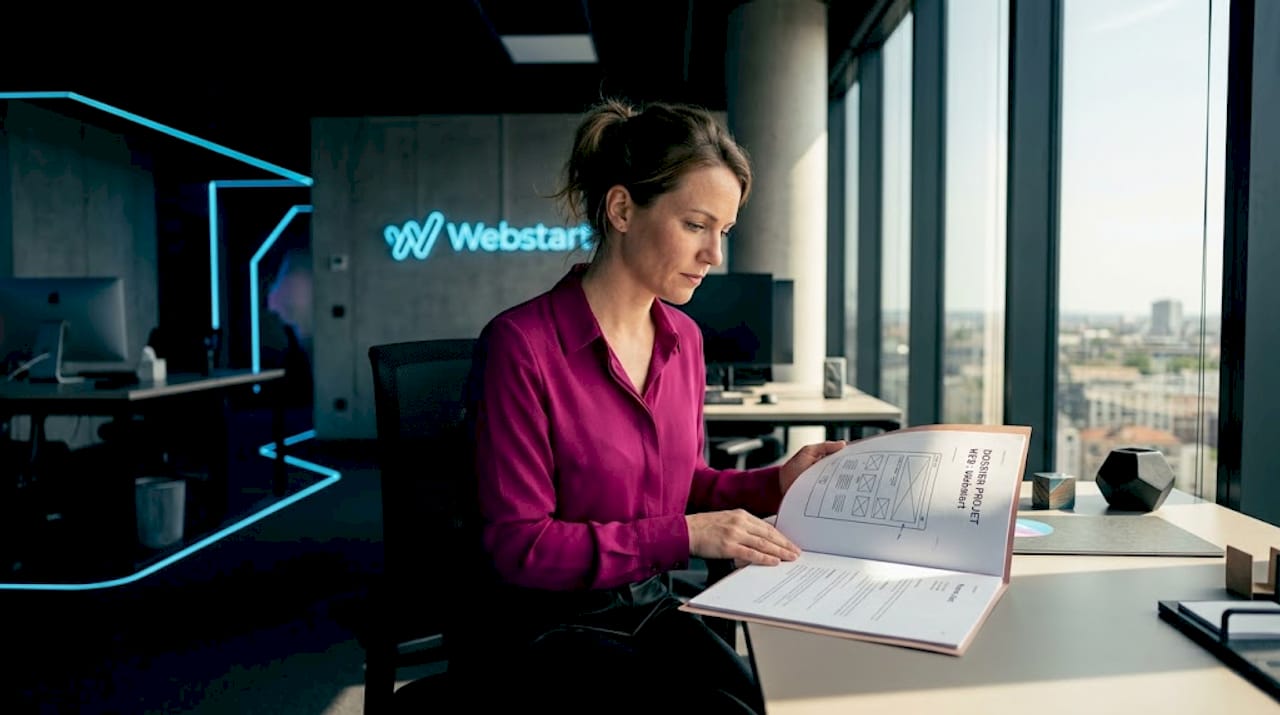 Une femme examine attentivement les dossiers de candidature d’agences web afin d’évaluer leurs propositions.