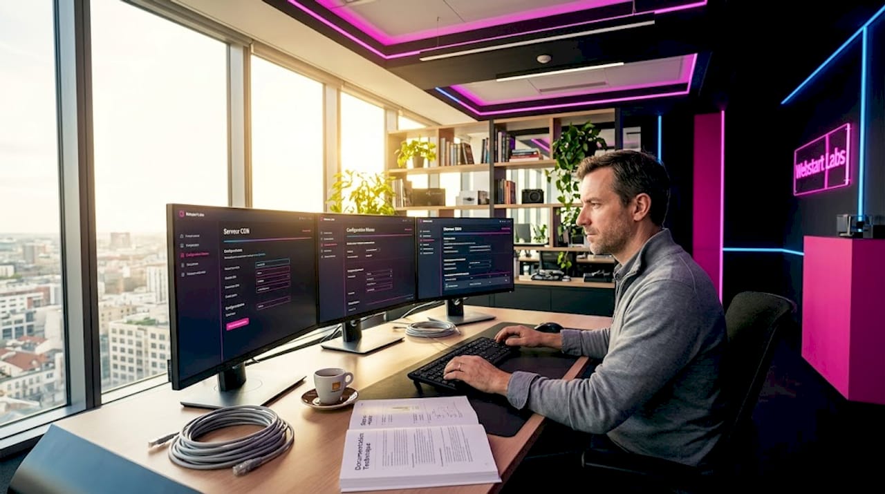 Un ingénieur en pleine configuration de serveurs CDN dans les locaux de l’entreprise.