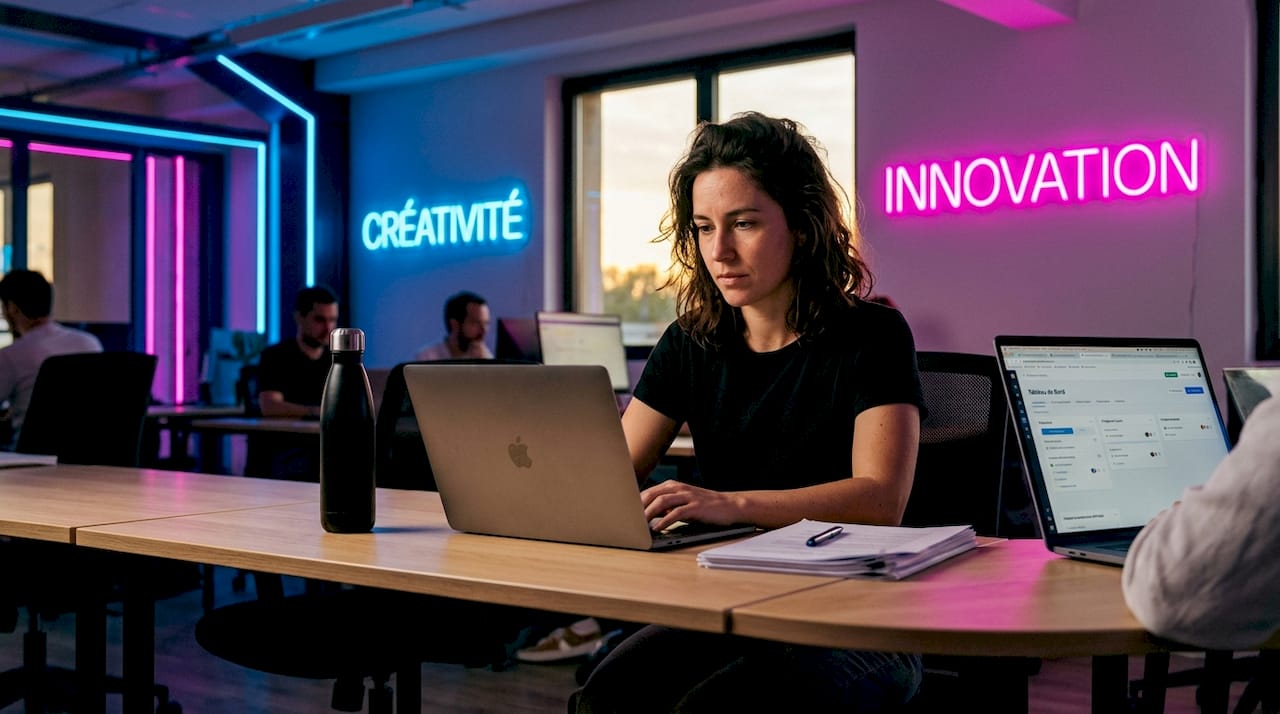 Un jeune créateur de startup en pleine réflexion, installé devant son ordinateur portable, baigné par la lumière du soleil.
