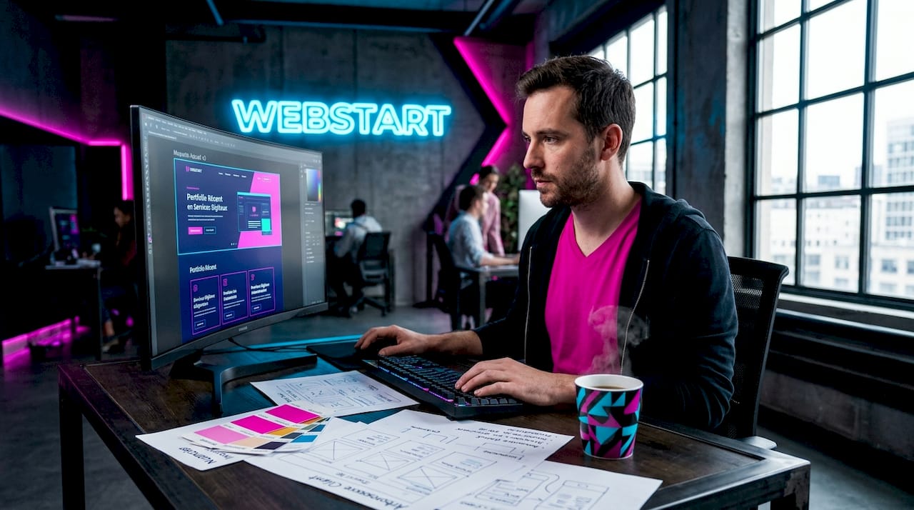 Un designer conçoit la maquette d’un site web, installé à son bureau.