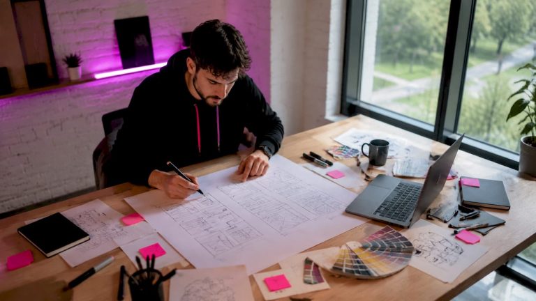 Un architecte conçoit la structure d’un site web en esquissant ses idées sur un tableau blanc.