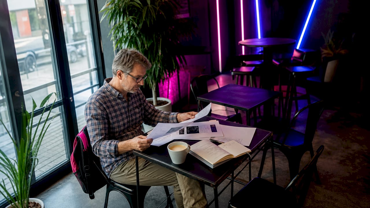 Un chef d'entreprise passe en revue les documents liés au budget de son site internet.