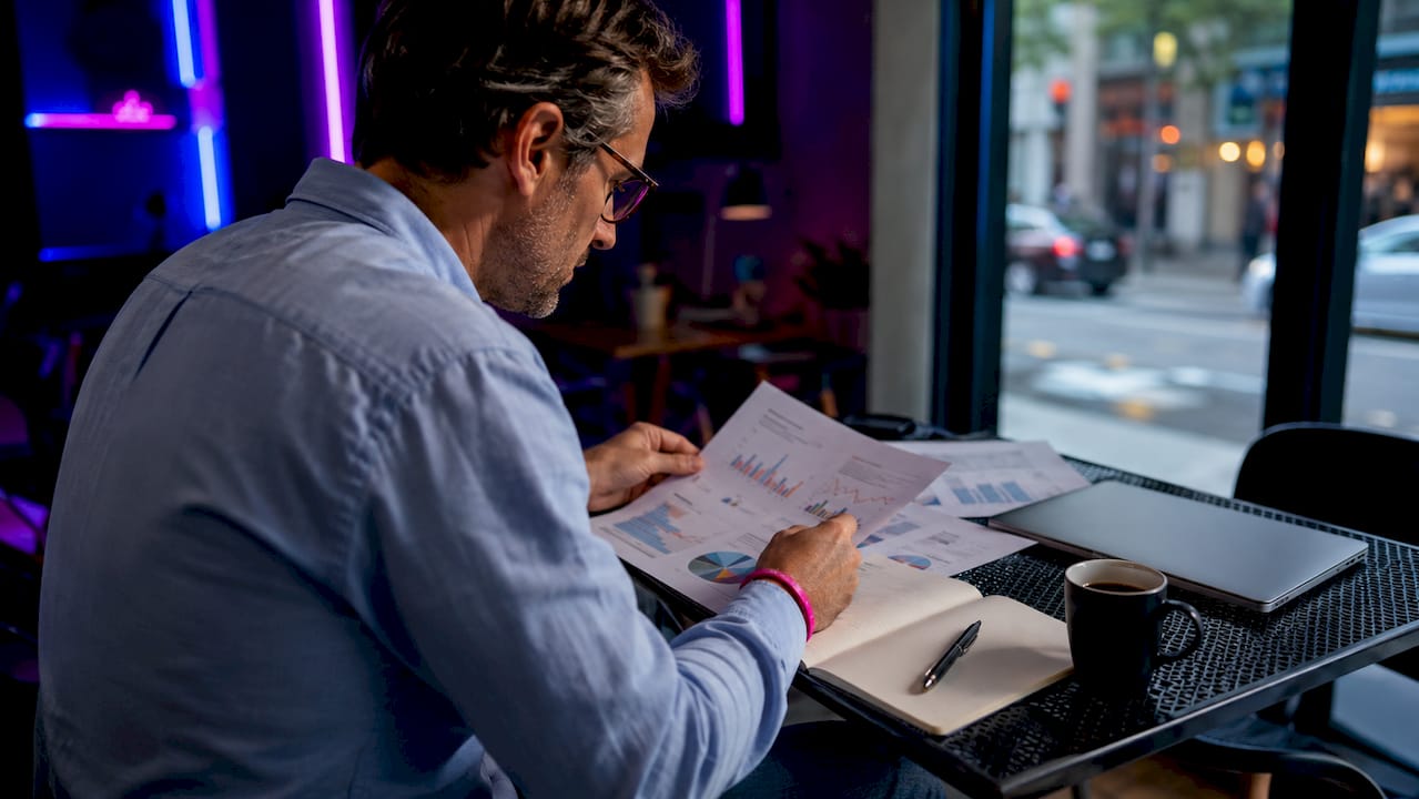 Expert en marketing français en pleine analyse de rapports graphiques sur papier
