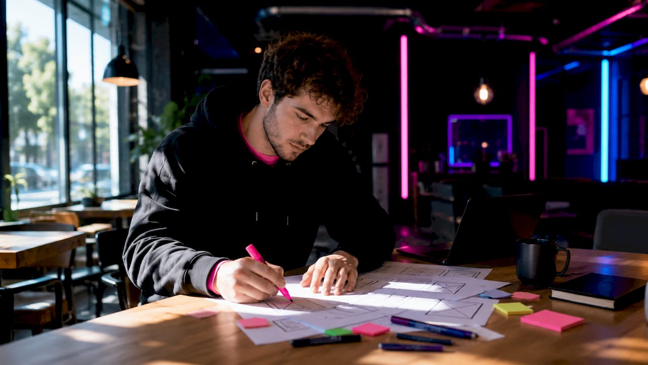 Un entrepreneur en pleine élaboration des maquettes d’un site web