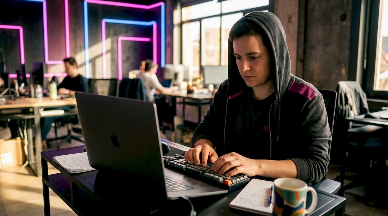 1783486361779ingenieurentraindetaperaubureautechnique | Webstart Un ingénieur en pleine rédaction sur son ordinateur au bureau d'études.