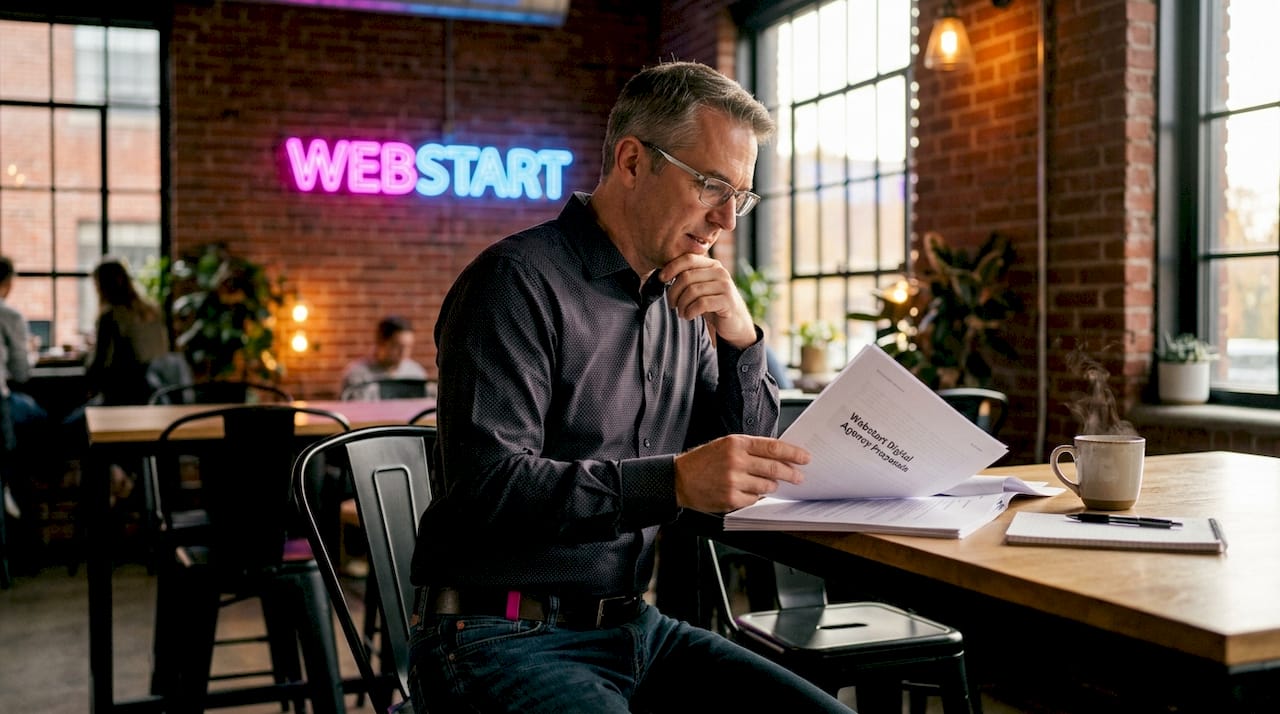 1783569008666businessmanreviewingdigitalagencyproposals | Webstart Un chef d’entreprise en train d’étudier les offres de différentes agences digitales