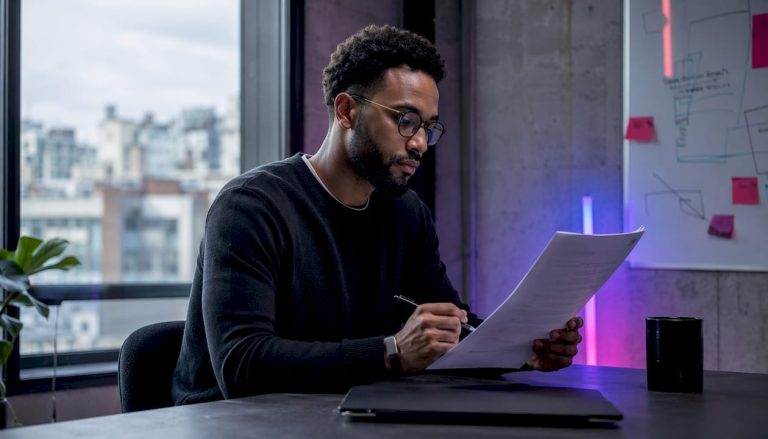 Un développeur qui relit minutieusement des pages de code imprimées, assis à son bureau.