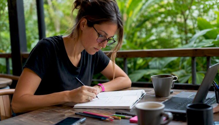 Une femme imagine l’ergonomie d’une interface en esquissant ses idées sur papier.