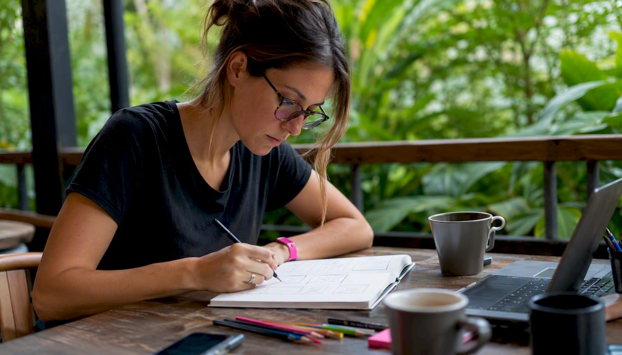 1785642880389femmeconcevantuxdesignsurpapier | Webstart Une femme imagine l’ergonomie d’une interface en esquissant ses idées sur papier.