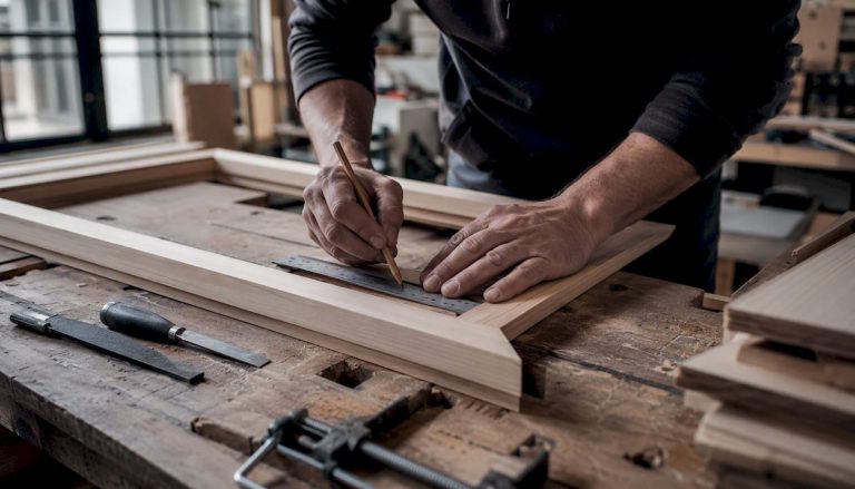 Des mains tracent des repères sur un cadre de fenêtre en bois, en plein atelier.