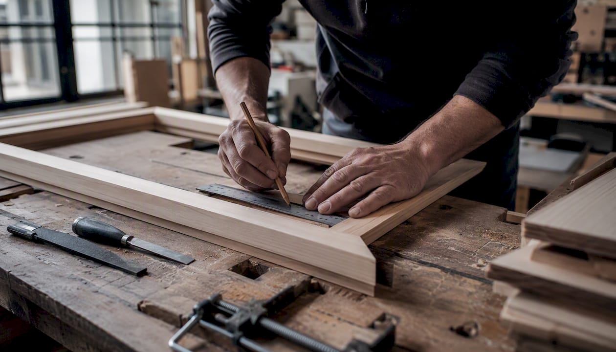 Des mains tracent des repères sur un cadre de fenêtre en bois, en plein atelier.