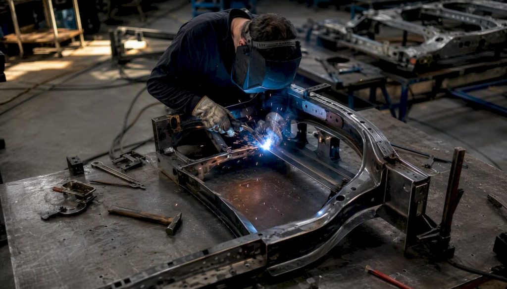 Un carrossier façonne la tôle d’un châssis automobile avec précision et savoir-faire.